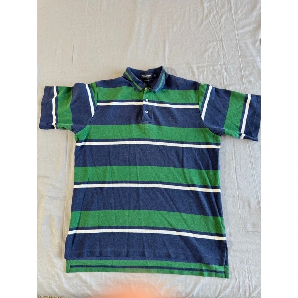 Polo Golf Ralph‎ Lauren Shirt XL Mens Short Sleeve Cotton Wide Strips Blue Green